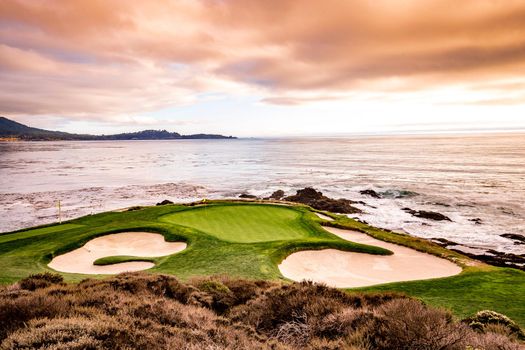 Coastline golf course, greens and bunkers in California, usa