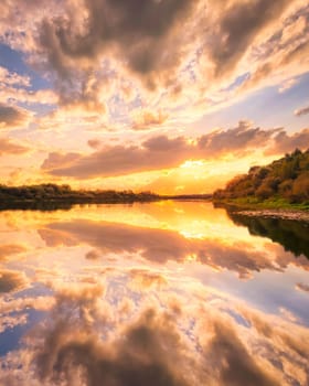 Sunset on the river at summer evening with clouds and willow trees. Water reflection of a sky.