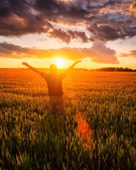 Silhouette of a man raise his hands up to sunset or sunrise on the field with young rye or wheat in the summer with a cloudy sky background. 