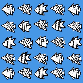 Pattern with black and white fish on the blue background. Card with fish that swim in a line one after the other.