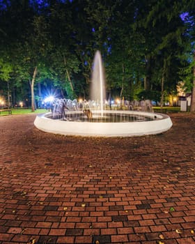 A fountain with blurred streams of water in a night park illuminated by lanterns with a stone pavement, trees and benches. Cityscape.