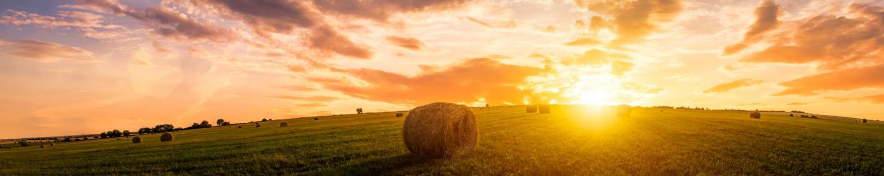 Sunset or sunrise in a field with haystacks on a summer or early autumn evening with a cloudy sky in the background. Procurement of animal feed in agriculture. Landscape.