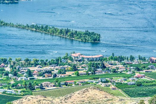 Resort area overview and residential houses on Osoyoos lake, British Columbia.