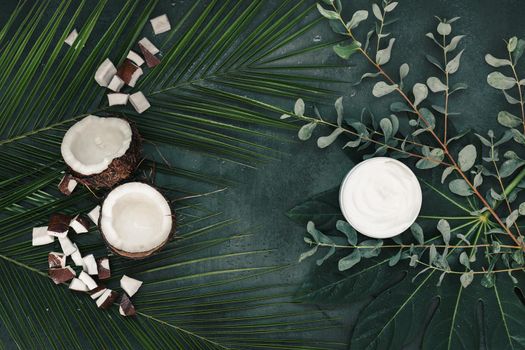 Organic beauty products with ingredients, fresh coconut, moisturize cream and collection of different green leaves on rustic surface, water drops on leaves. Top view, blank space
