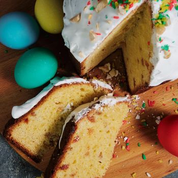 Easter cake and colorful Easter eggs.