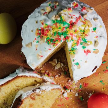 Easter cake and colorful Easter eggs.