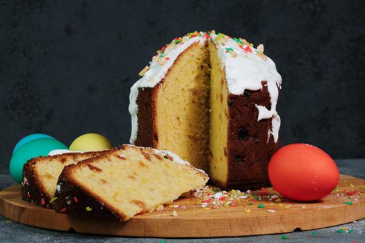 Easter cake and colorful Easter eggs.