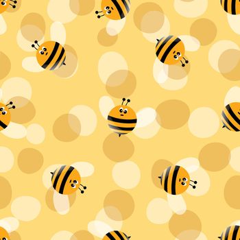 Seamless pattern with bees on color background. Small wasp. Vector illustration. Adorable cartoon character. Template design for invitation, cards, textile, fabric. Doodle style.