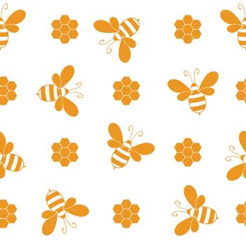 Seamless pattern with bees and honeycombs on white background. Small wasp. Vector illustration. Adorable cartoon character. Template design for invitation, cards, textile, fabric. Doodle style.