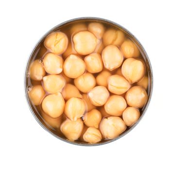 Chickpeas in a can isolated from above