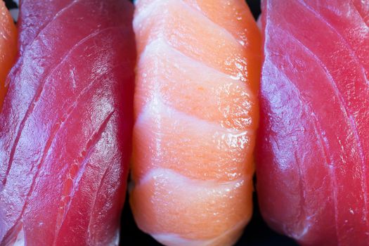 Close up of tuna and salmon sushi
