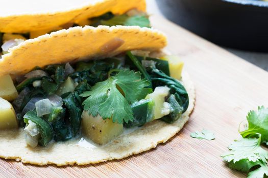 Two vegan soft tacos filled with potatoes and spinach and topped with cilantro.