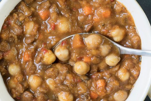 Delicious and healthy vegan Moroccan stew with chick peas and carrots.