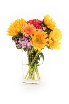 Bouquet of flowers with sunflowers and daisies, isolated on white background.
