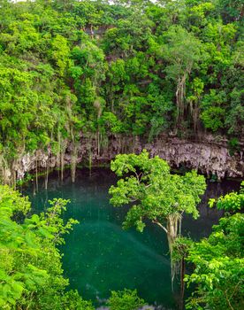 A small lake in a public park surrounded by tall green trees. Top view of the Dominican Republic.