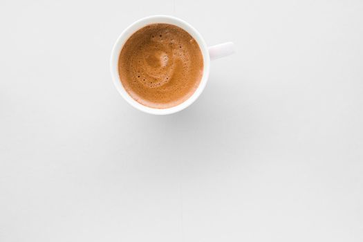 Drinks menu, italian espresso recipe and organic shop concept - Cup of hot french coffee as breakfast drink, flatlay cups on white background