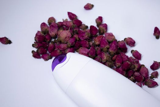 white shampoo bottle with purple neck and no label near a pile of little pink roses. body care and beauty concept. Copy space. High quality photo