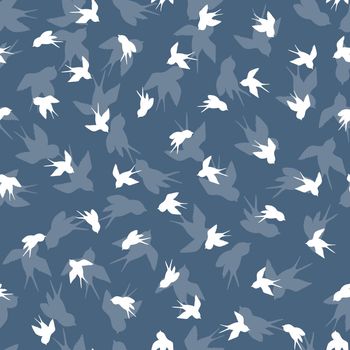 Seamless pattern with white swallow silhouette on blue background. Cute bird in flight. Vector illustration. Doodle style. Design for invitation, poster, card, fabric, textile.