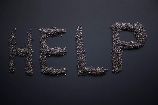 Word 'HELP' written with chia seeds on gray background, top view, copy space.