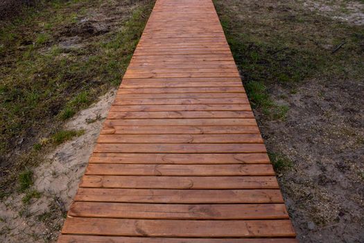 Wooden boardwalk walking path in the yard.