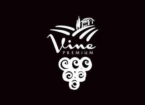 Vector logo drawn by hand. Landscape of vineyards for making wine.