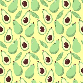 Avocado seamless pattern on yellow. Summer fresh fruit repeat print for textile. Hand drawn vector wallpaper.