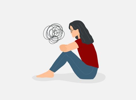 Depressed alone woman. Mental disorder concept. Vector sad unhappy female. Anxiety person sitting