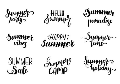 Summer lettering. Vector hand drawn brush letterings. Summer party, summer pasadise. Holiday letters quote