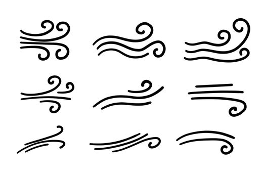 Doodle wind. Hand drawn air icons. Natural movement of the air symbols. Vector concept.