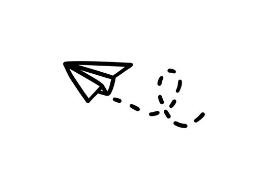 Paper airplane. Vector origami doodle flying plane. Hand drawn illustration.