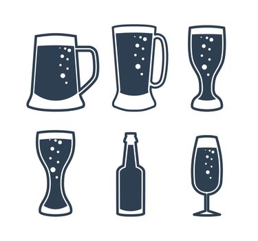 Beer logo set. Glass mugs and bottles thin line icons. Vector drink items for bar cafe.