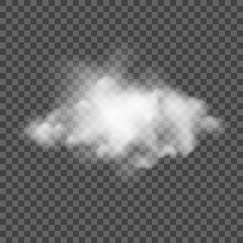 Cloud. Realistic white puffy fod on transarent background. Vector puffy cloudy sky element.