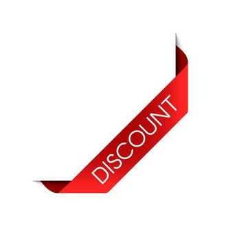 Discount red ribbon. Vector sale label. Realistic 3D modern banner. Sale price symbol