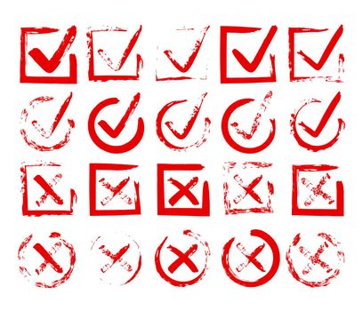 Check mark red. Grunge V X hand drawn checkmarks. Vector square and circle ink sketch signs