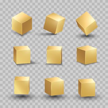 Golden cube. Gold box metallic shape. Vector square block set. 3D cubic objects
