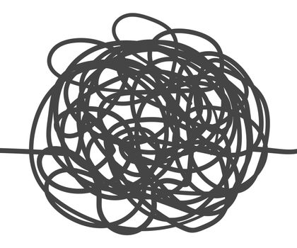 Unraveling chaos tangled. Psychotherapy hand drawn concept. Messy flat line. Chaos path.