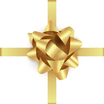 Gold gift bow. Realistic golden glowing xmas bow template. Vector christmas or birthday clipart illustration isolated on white background
