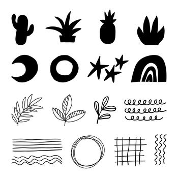 Doodle geometric abstract trendy contemporary black shapes. Vector hand drawn monochrome elemens for kids fabric textile.