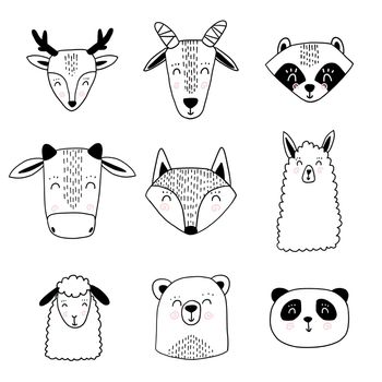 Scandinavian animals. Nordic cute animal set. Vector hand drawn panda, funny deer fox llama faces