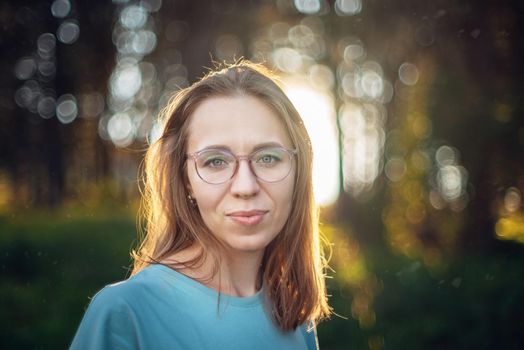 Healthy lifestyle woman walking in mountains in summer forest area