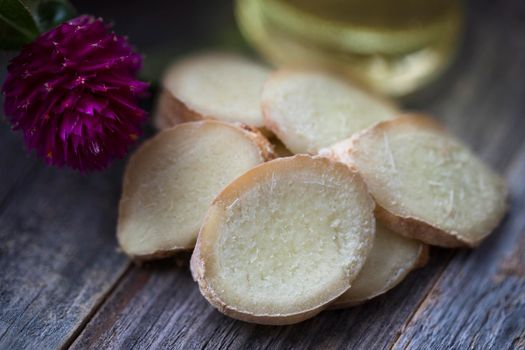 Close up of slices of ginger root.