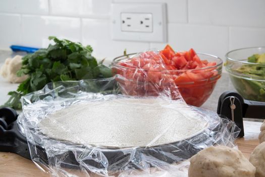 Making tortillas with masa marina flour dough and tortilla press, the pressed tortilla