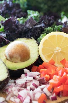 Ingredients for a healthy salad including bell peppers, onions, avocado, lemons, and kale.