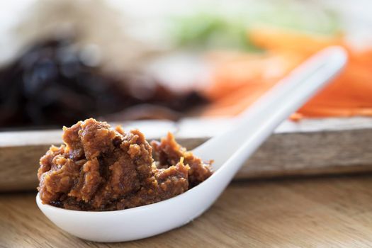 Close up of red miso paste in a Chinese soup spoon.