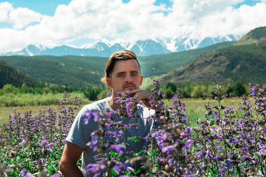 Man in beautiful wild pink and purple flowers field in summer Altai mountains