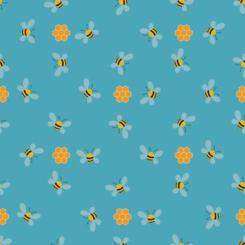 Seamless pattern with bees and honeycombs on color background. Small wasp. Vector illustration. Adorable cartoon character. Template design for invitation, cards, textile, fabric. Doodle style.