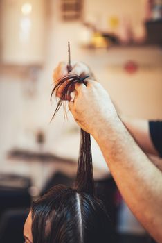 Close-up of a man hairdresser's hands cutting the hair of a woman. 