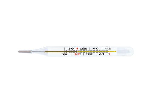 Mercury thermometer with 37 degree on scale isolated on a white background. Medical tool.