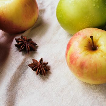 Fresh apples  and anise on the linen cloth