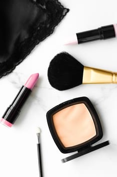 Make-up and cosmetics products on marble, flatlay background - modern feminine lifestyle, beauty blog and fashion inspiration concept